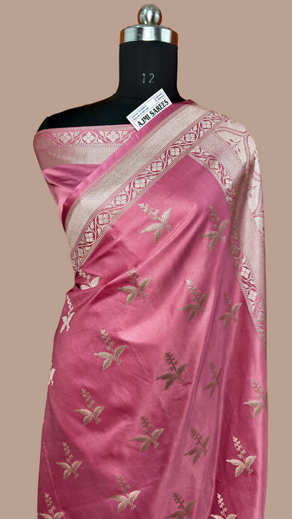 Premium Mashru Katan Silk Banarasi Saree – Onion Pink - All-Over Buta Motifs Banarasi Saree