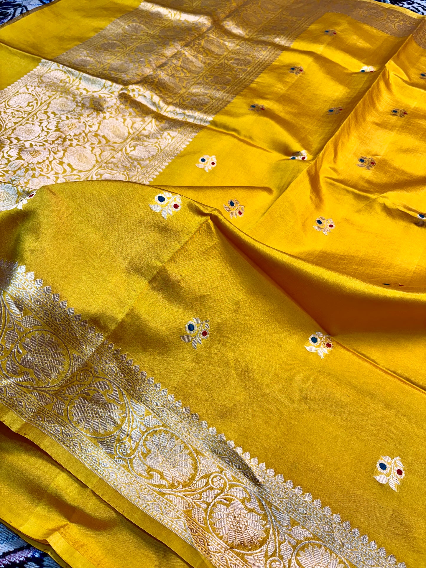 premium mango silk banarasi saree mustard gold kadwa buta design