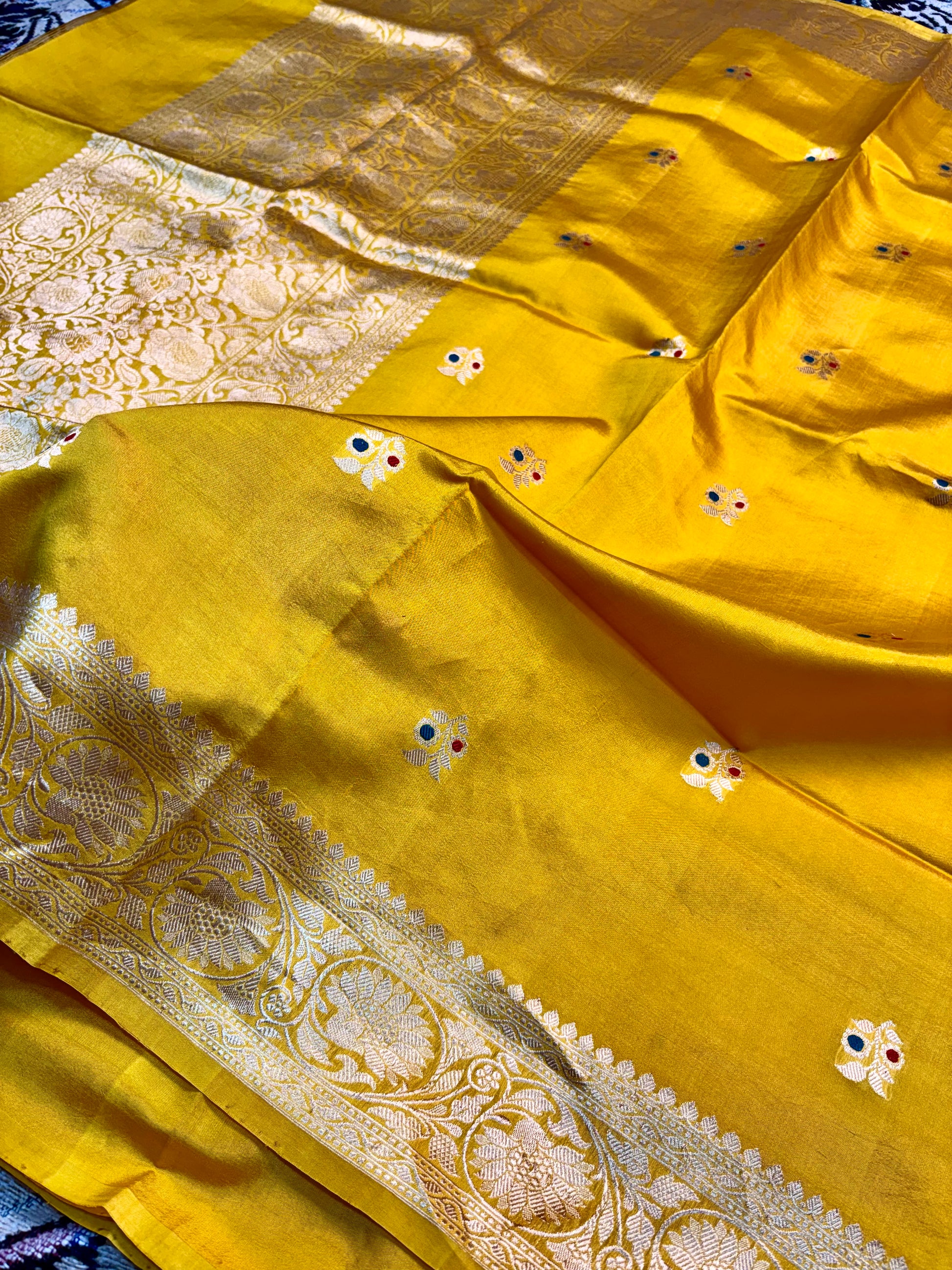 premium mango silk banarasi saree mustard gold kadwa buta design