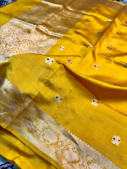 premium mango silk banarasi saree mustard gold kadwa buta design