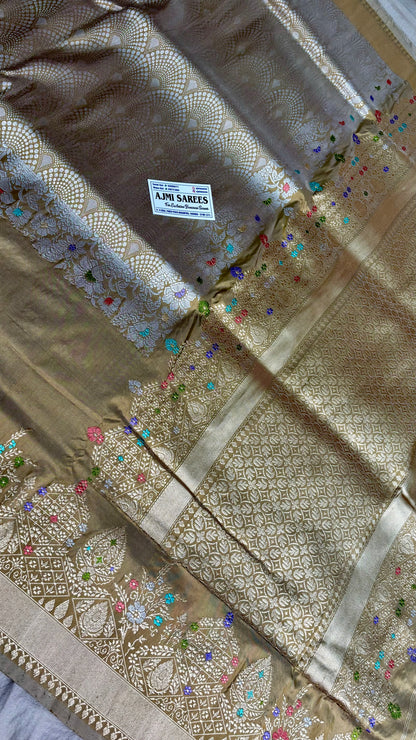 100% pure Katan silk golden beige Banarasi handloom saree with Meenakari golden zari border