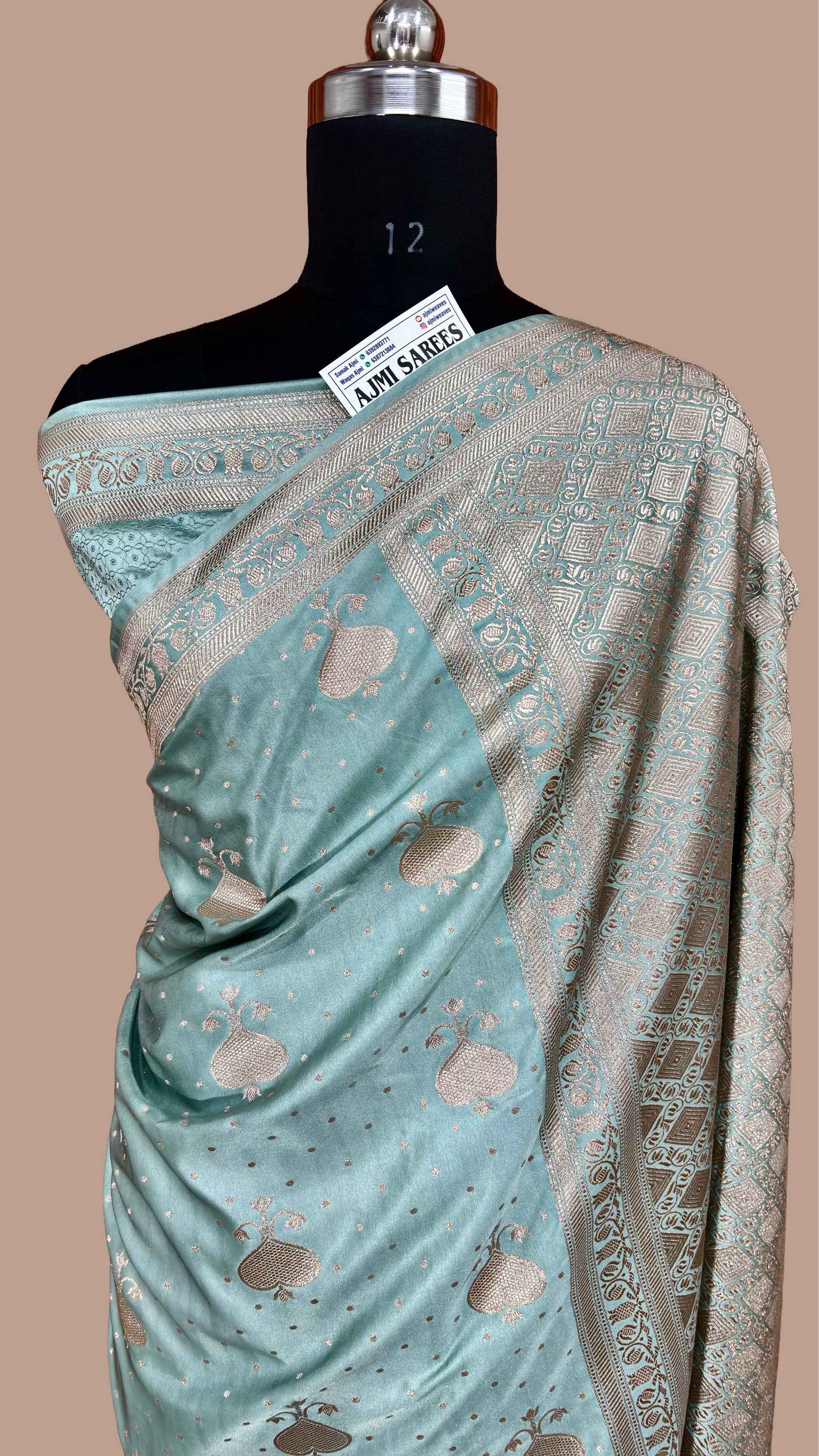 Mashru Katan Silk Dusty Sea Green Banarasi Saree with Elegant Zari Boota & Thin Border Mashru Katan Silk Banarasi Saree