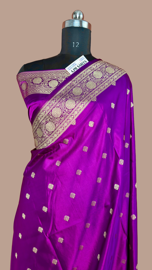 Premium Magenta Mashru Katan Silk Banarasi Saree | Floral Border & Buti Banarasi Saree
