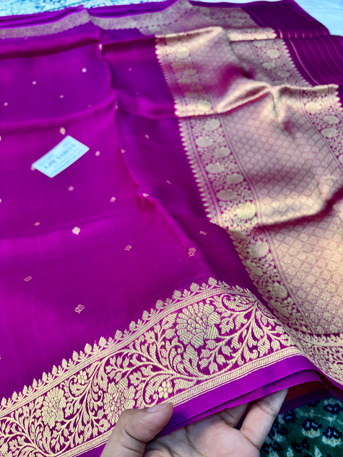 100% Pure Kora Ektara Silk Handloom Banarasi Saree – Magenta with Golden Kadwa Motifs Banarasi Saree