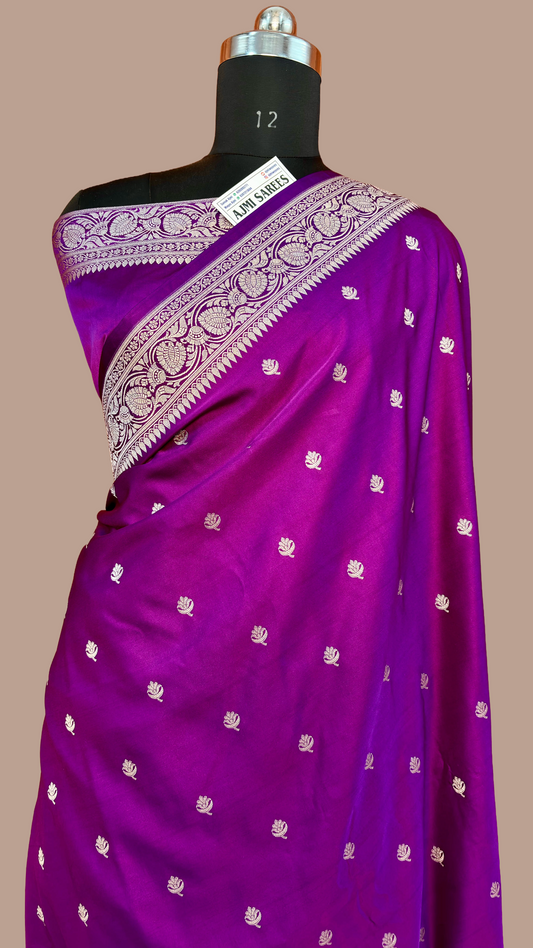Luxury magenta Katan silk Banarasi saree with floral zari border