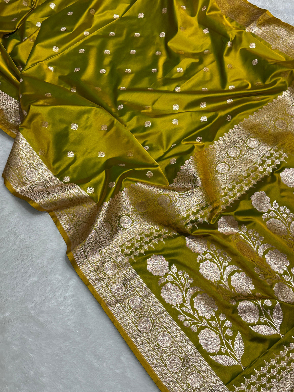 Premium Red Mashru Katan Silk Banarasi Saree with Golden Zari Floral Border & Buti Motifs Olive Green Banarasi Saree