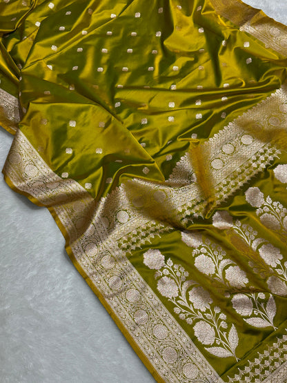 Premium Red Mashru Katan Silk Banarasi Saree with Golden Zari Floral Border & Buti Motifs Olive Green Banarasi Saree