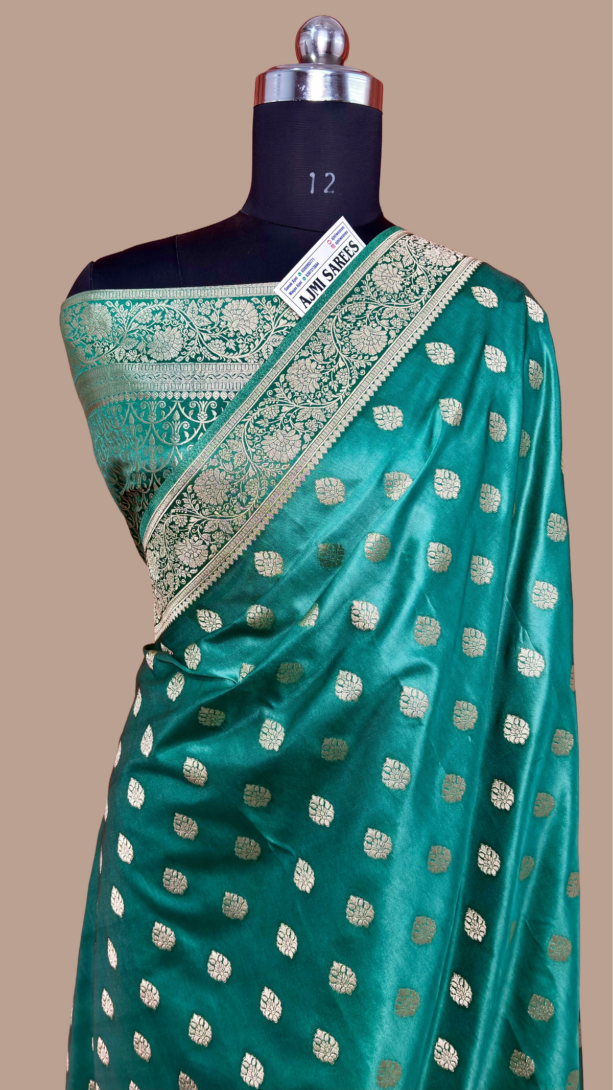 Mashru Katan Silk Banarasi Saree – Sea Green with All-Over Motifs Banarasi Saree