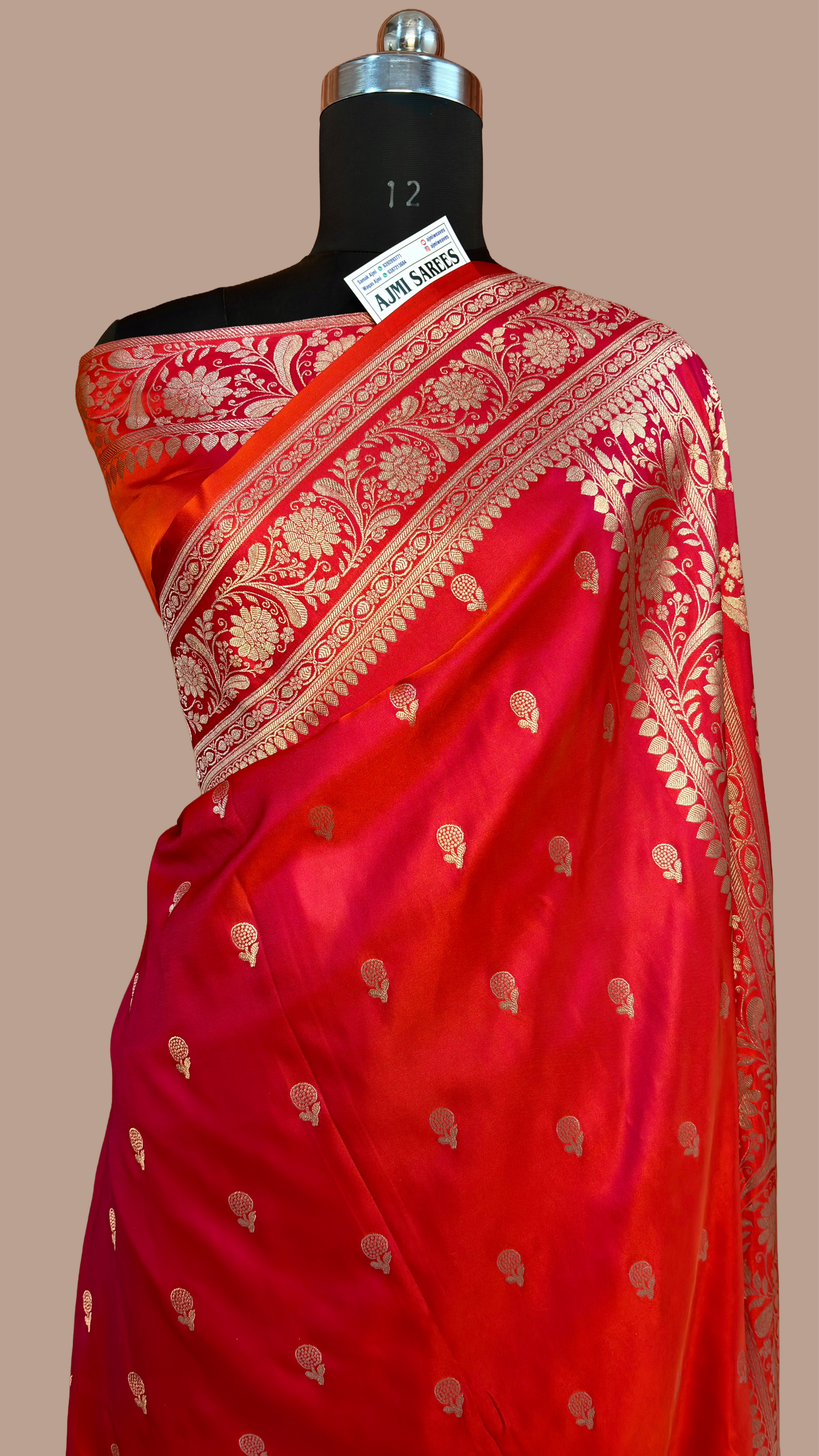 Red x rani dual tone Mashru Katan Silk Banarasi saree with floral zari border