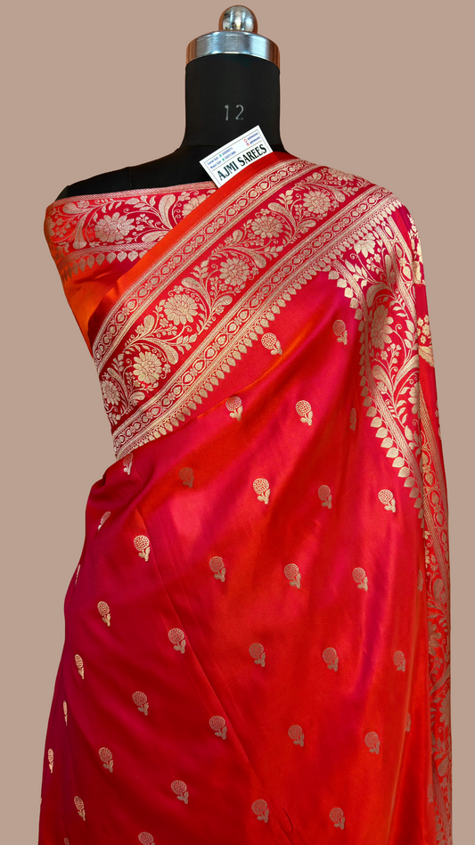 Red x rani dual tone Mashru Katan Silk Banarasi saree with floral zari border