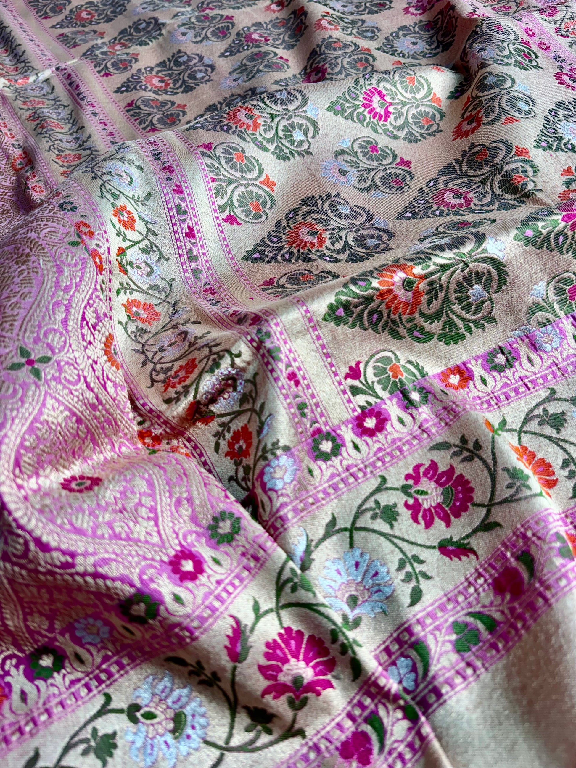Authentic Handwoven Baby Pink Banarasi Silk Saree with Meenakari Brocade