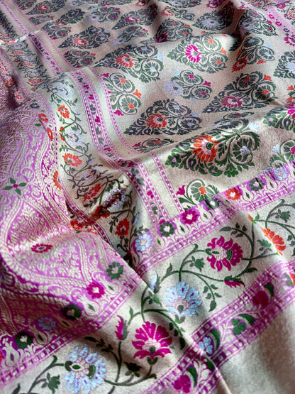 Authentic Handwoven Baby Pink Banarasi Silk Saree with Meenakari Brocade