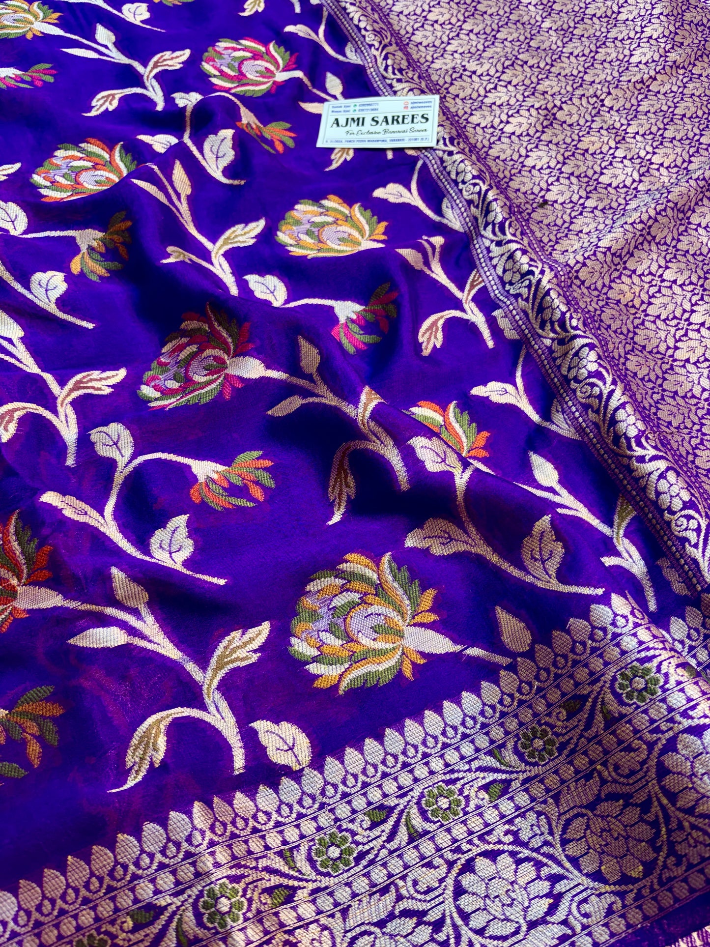 Purple Banarasi Tilfi saree with floral motifs and zari work