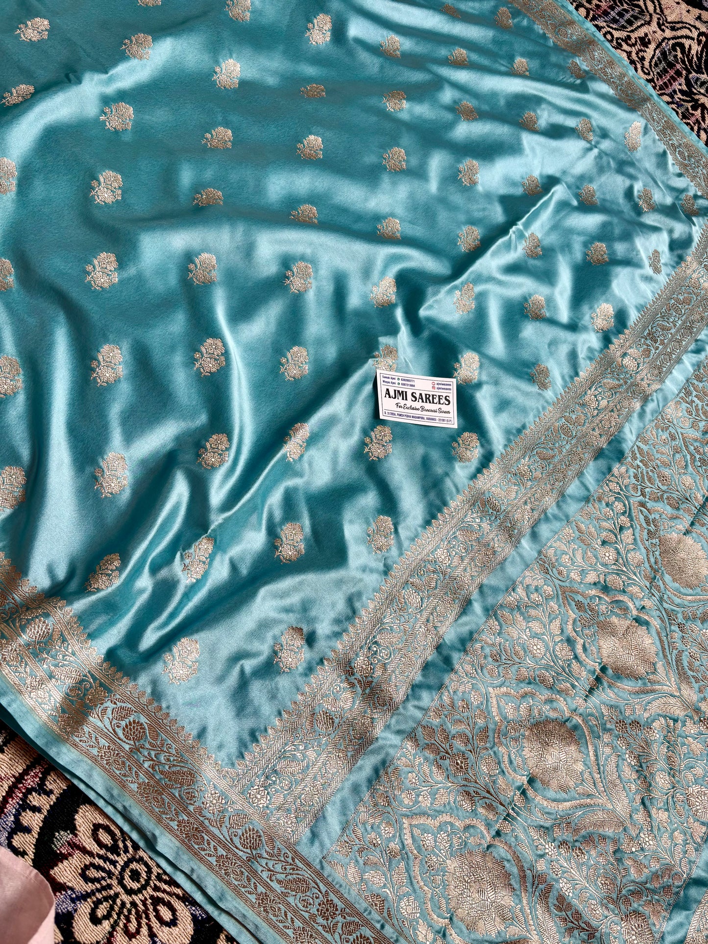 Traditional aqua firozi banarasi saree with zari woven motifs