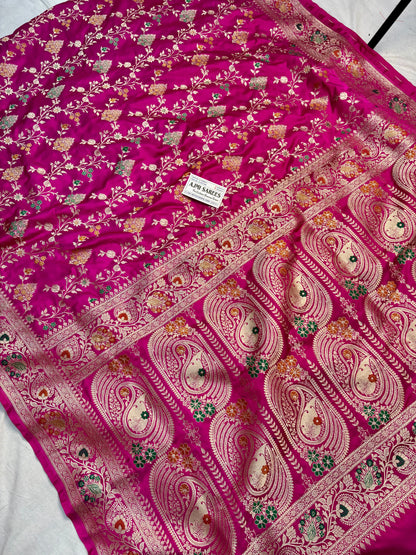 Navy Blue Mashru Katan Silk Banarasi Saree with Meenakari Border & Floral Jaal Work