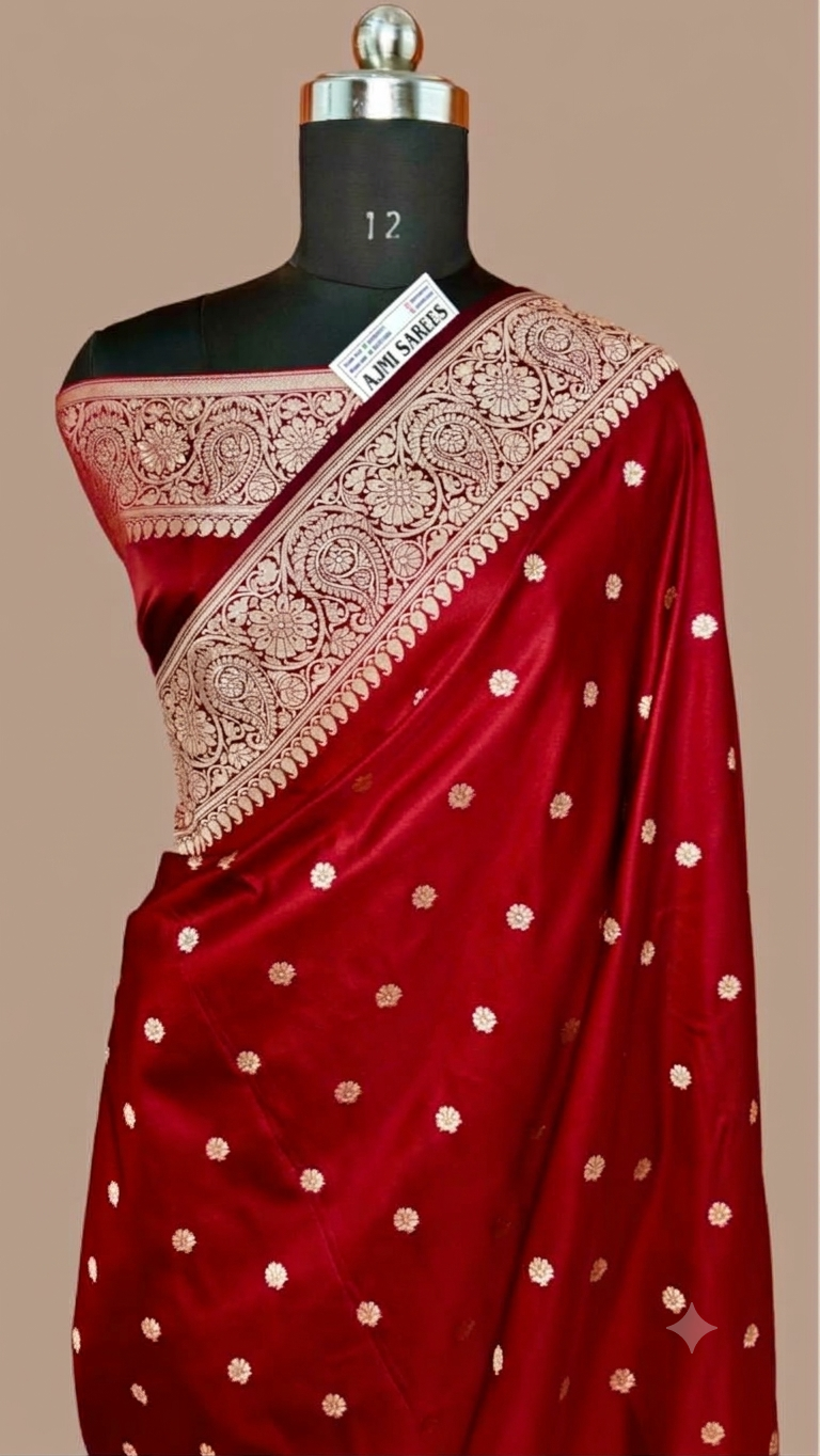 Premium Dual-Tone Burgundy Mashru Katan Silk Banarasi Saree – All-Over Motifs Red Banarasi Saree