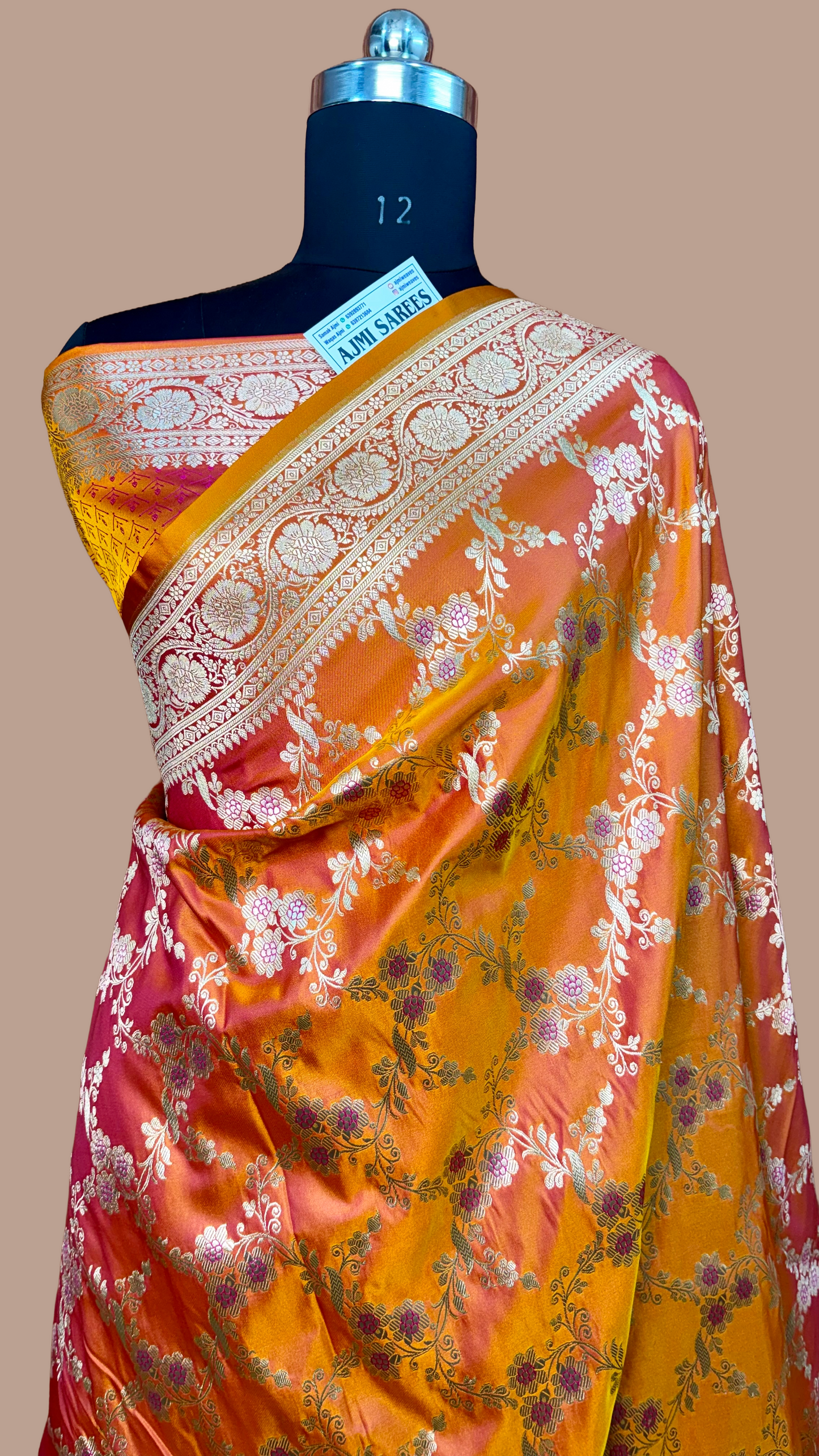 Fanta dual tone Mashru Katan silk Banarasi saree with meenakari jaal work