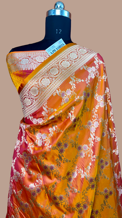 Fanta dual tone Mashru Katan silk Banarasi saree with meenakari jaal work