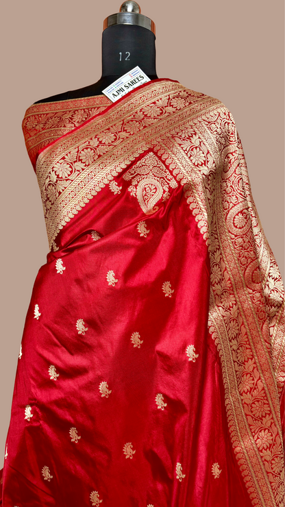 100% Pure Katan Silk Handloom Banarasi Saree – Bloody Red Kadwa Buti with Traditional Koniya Pure Katan Silk Banarasi Saree
