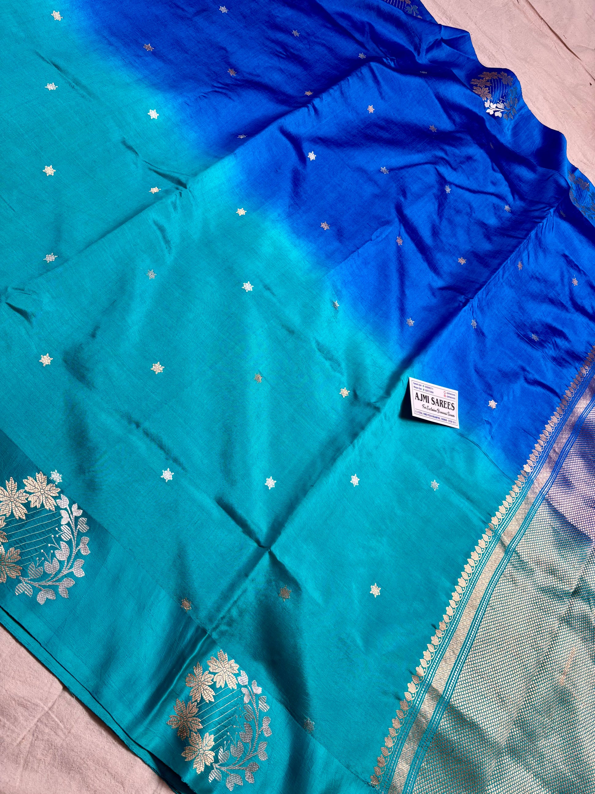 dual tone royal blue rama green banarasi saree zari motifs