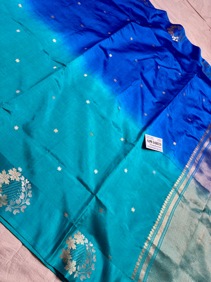 dual tone royal blue rama green banarasi saree zari motifs