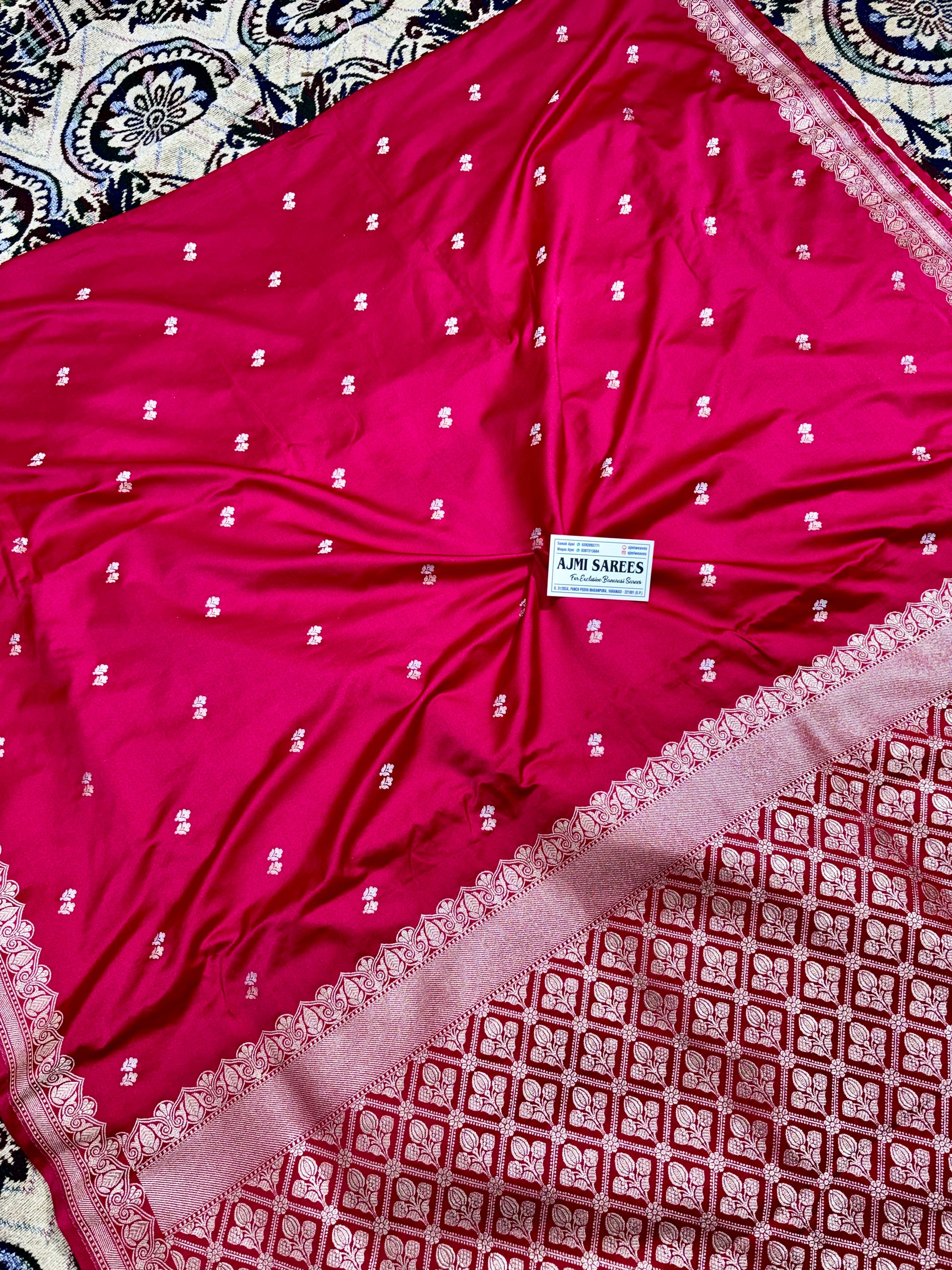 Cherry Red Mashru Katan Silk Banarasi Saree- All Over Sona Rupa Motifs Mashru Katan Silk Banarasi Saree