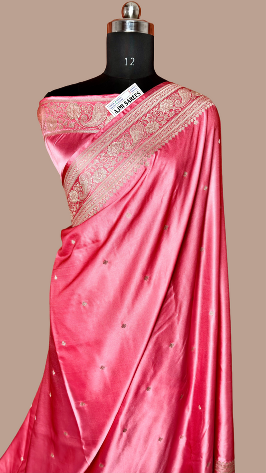 Strawberry blush mashru katan silk banarasi saree with sona zari motifs