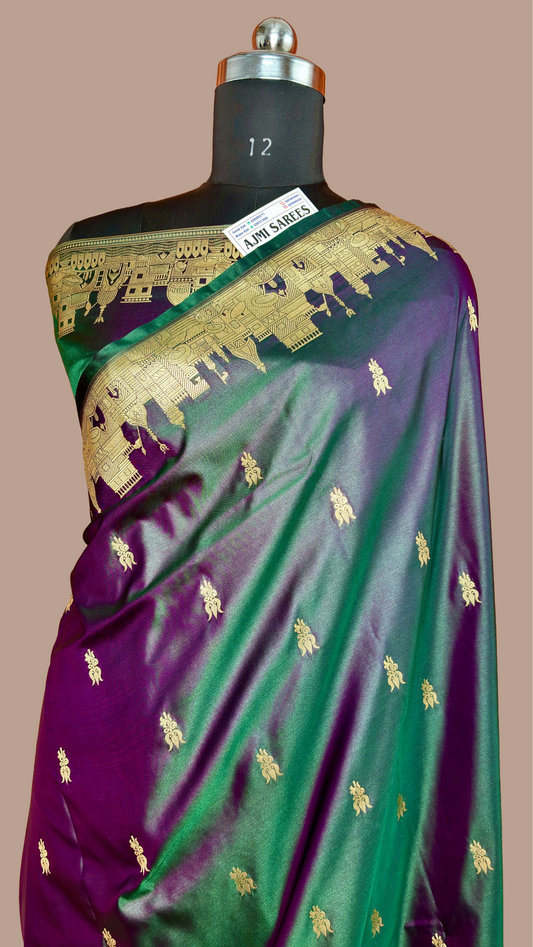 Premium Mashru Katan Silk Banarasi Ghat Border & Trishuli Saree – Emerald Green Banarasi Saree