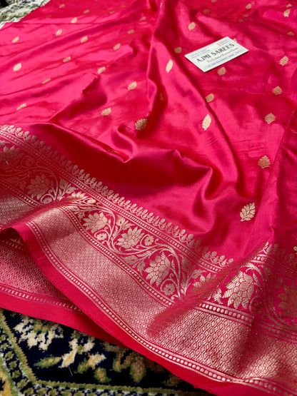Pure Katan Silk Handloom Banarasi Saree – Strawberry × Pink Dual Tone All-Over Kadwa Motifs Banarasi Saree