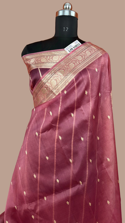 Pure Kora Silk Handloom Banarasi Saree – Onion Pink | All-Over Kadwa Motifs Banarasi Saree