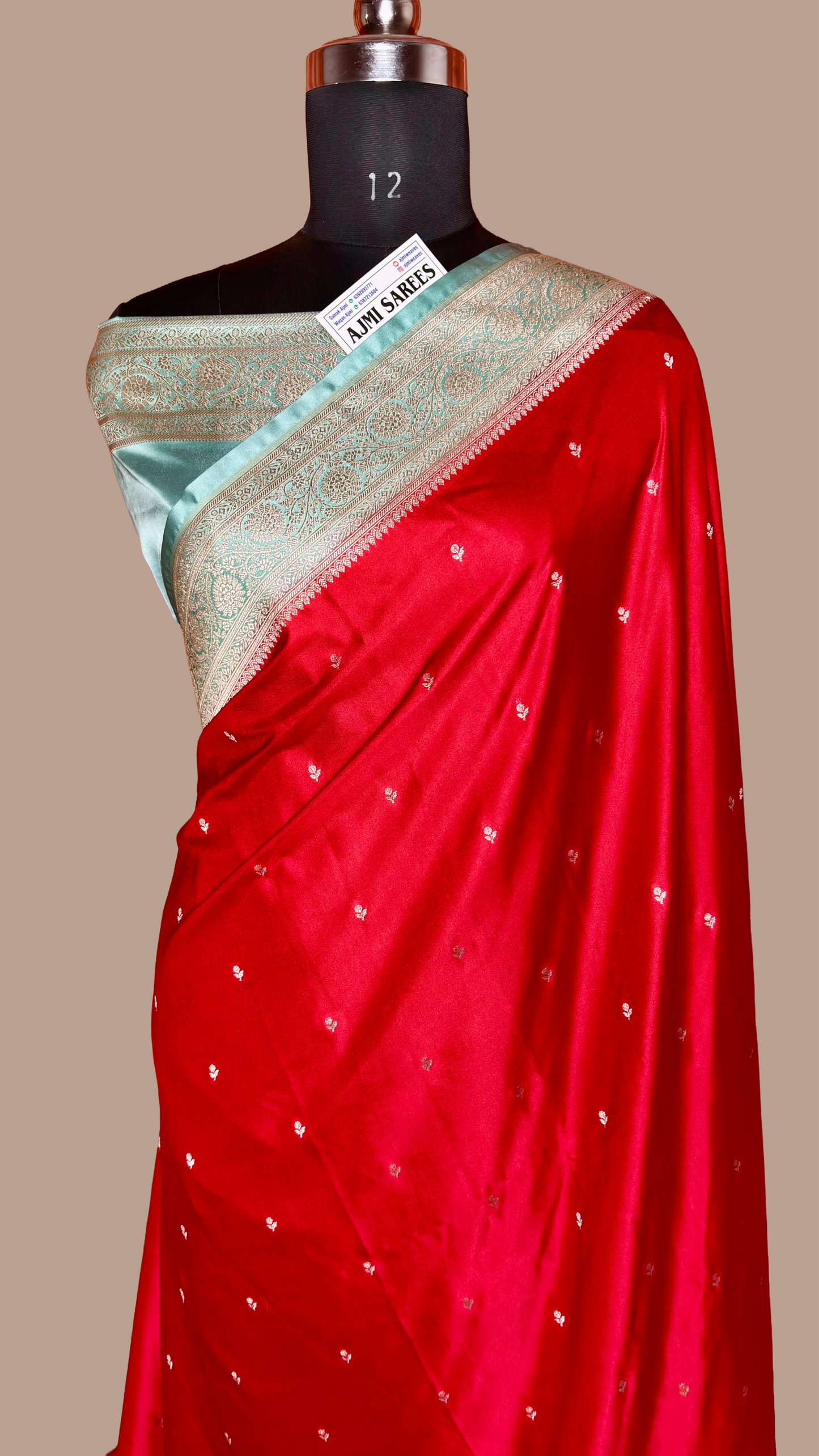 Red Mashru Katan Silk Banarasi Saree with Contrast Sea Green Zari Border Mashru Katan Silk Banarasi Saree