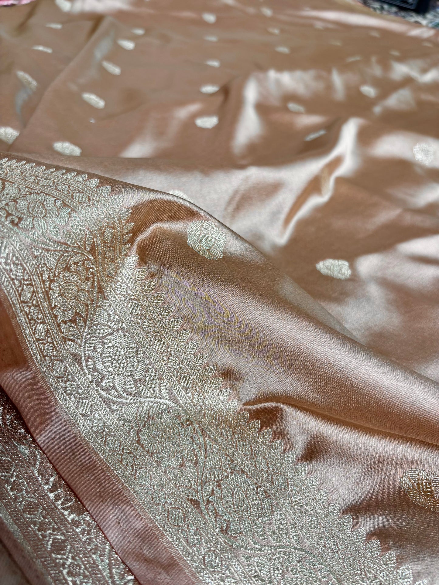 Mashru katan silk banarasi saree copper color zari motifs