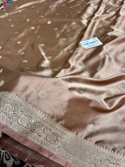 Classic copper banarasi saree with all over zari boota