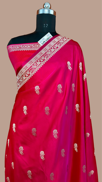 Premium Mashru Katan Silk Banarasi Saree – Rani × Red Dual Tone Banarasi Saree
