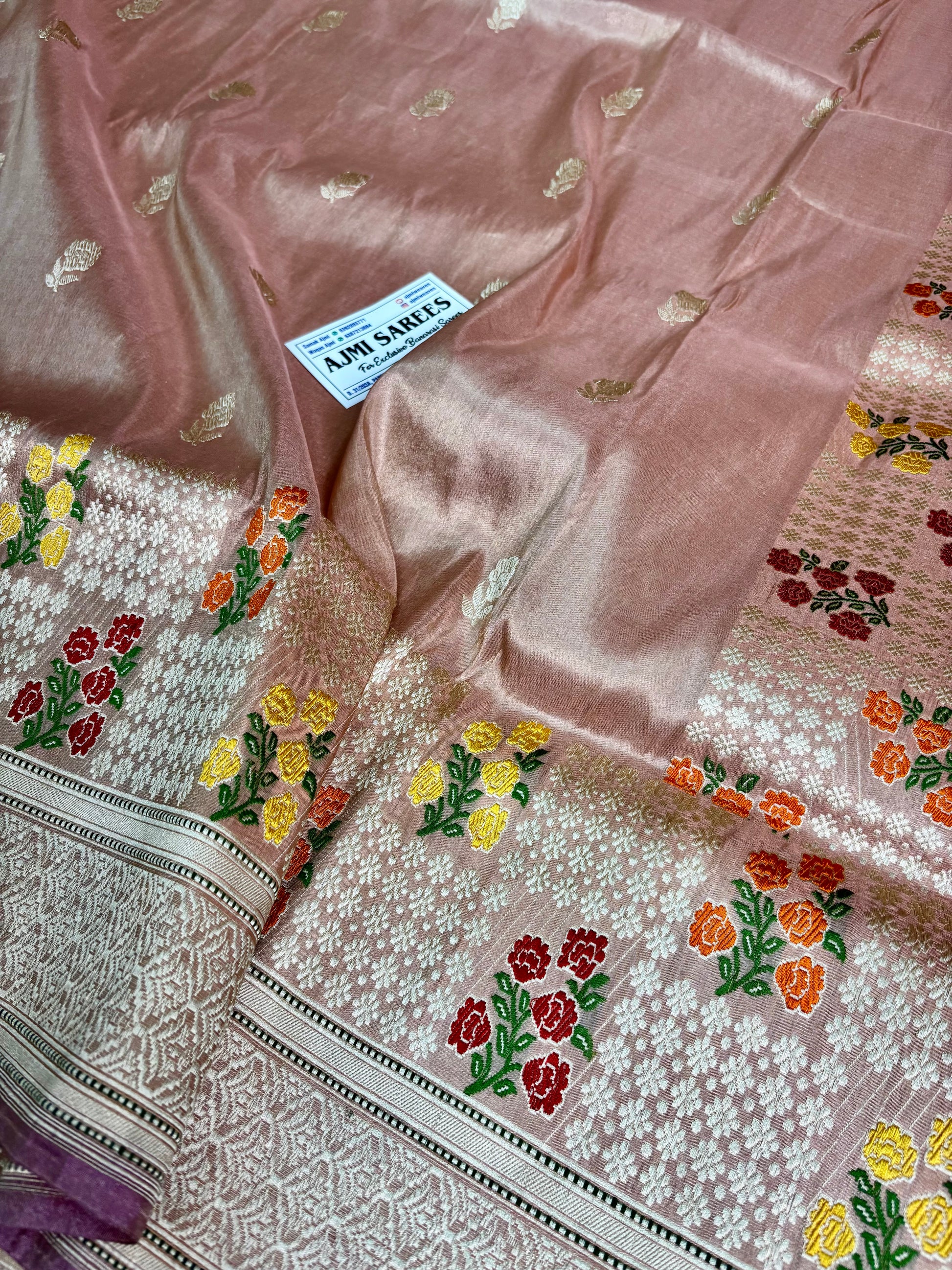 Authentic Handwoven Copper Banarasi Tissue Silk Saree with Tilfi Skirt Border