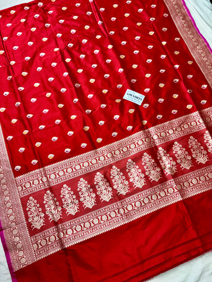 100% Pure Katan Silk Handloom Banarasi Saree – All Over Kadwa Meenakari Motifs Pure Katan Silk Banarasi Saree
