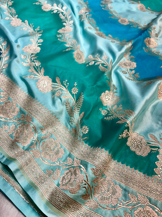 Premium Banarasi handloom Rangkat saree featuring sea green, Rama green and peacock blue shades