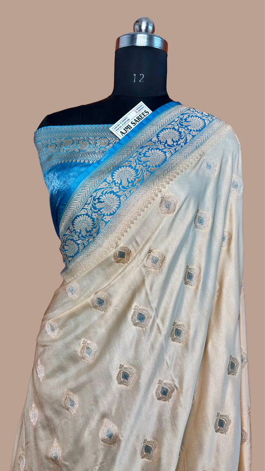 Luxury Premium Ivory Mashru Katan Silk Banarasi Saree with Contrast Turquoise Border & Meenakari Motifs Banarasi Saree