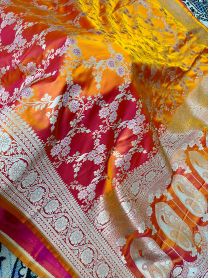 Elegant dual tone Banarasi saree orange pink gold with meenakari jaal