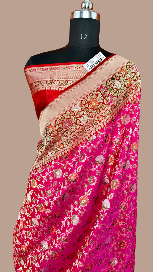 100% Pure Katan Silk Banarasi Saree – Pink Tilfi Meenakari with Contrast Red Border Banarasi Saree