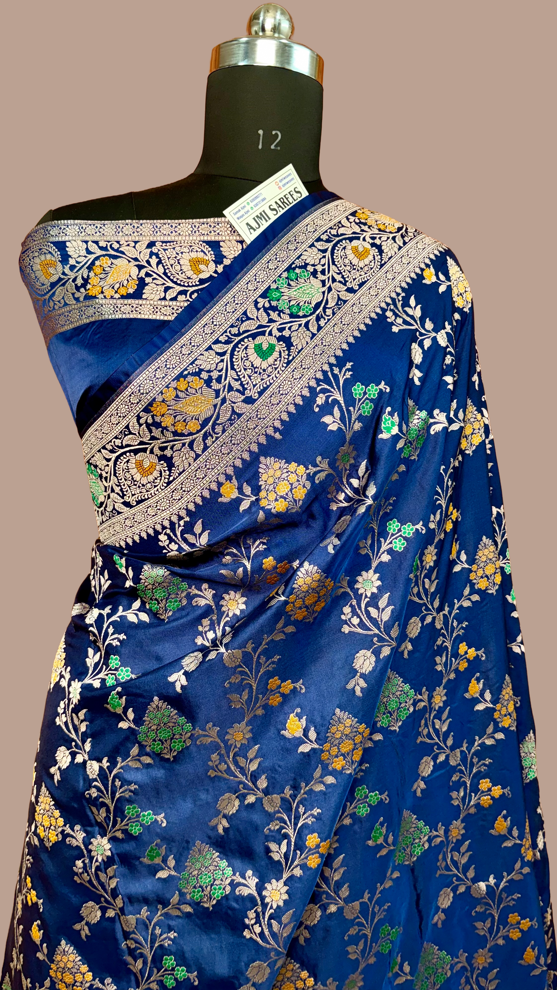 navy blue mashru katan silk banarasi saree jaal work