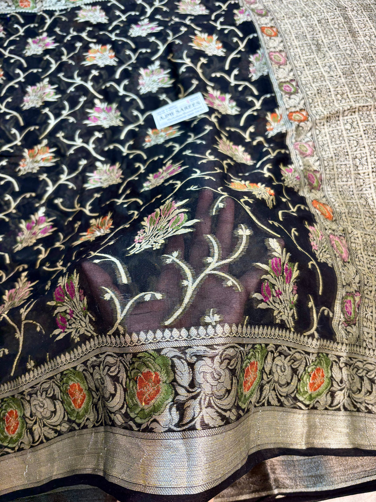 Pure Khaddi Chiffon black Banarasi saree with water zari work