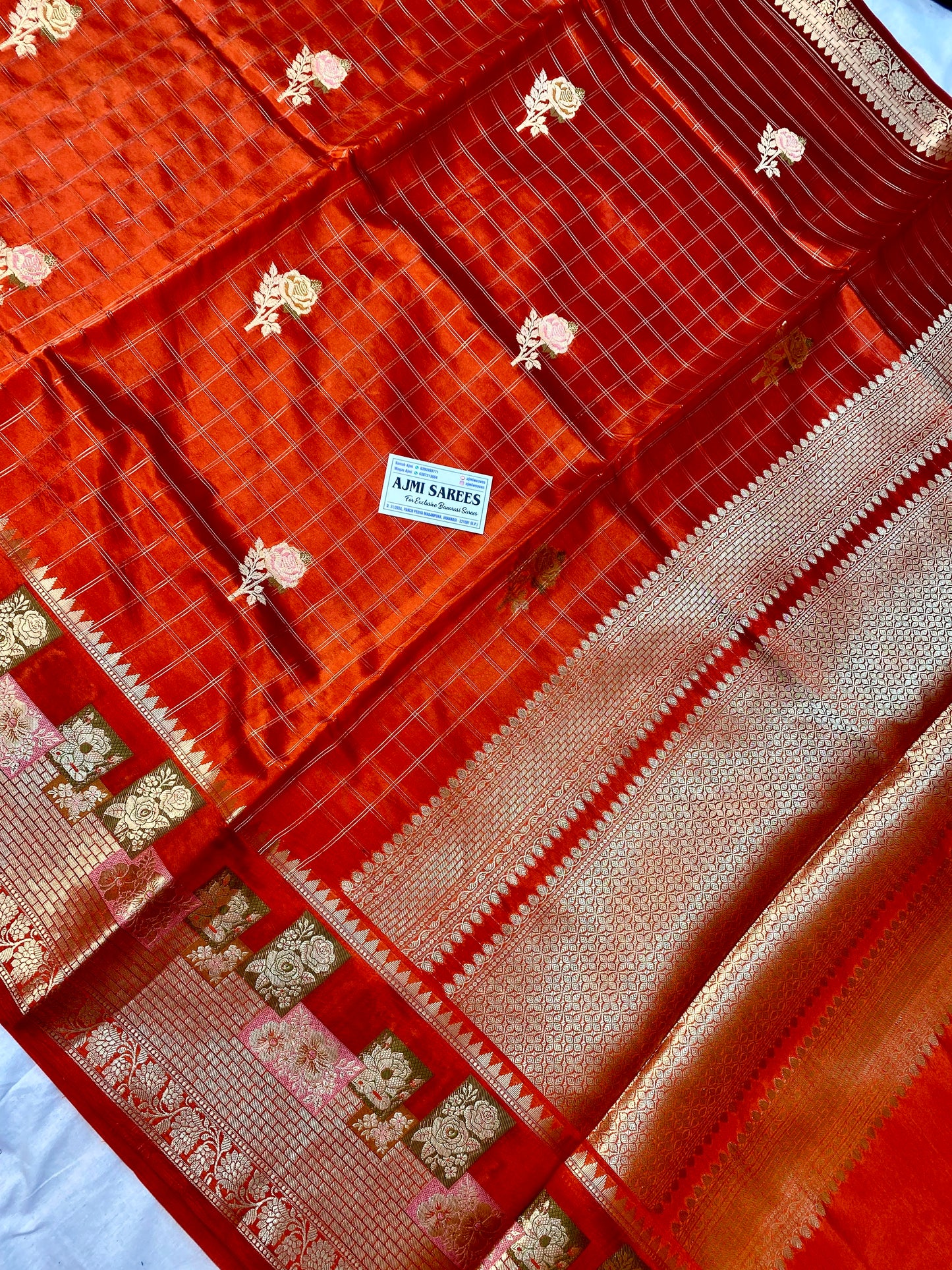 Pure Mango Silk Banarasi saree in rust orange with rose buta motifs