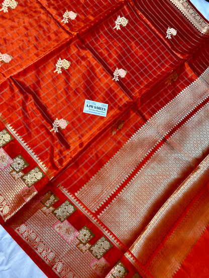 Pure Mango Silk Banarasi saree in rust orange with rose buta motifs