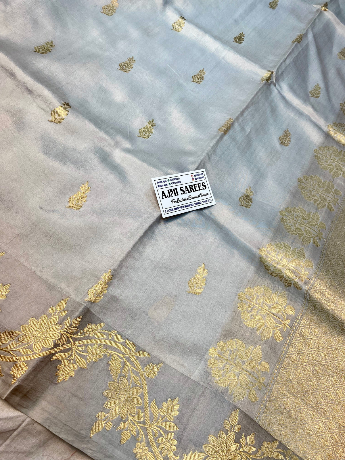 Light grey pure mango silk handloom Banarasi saree with all-over Kadwa motifs