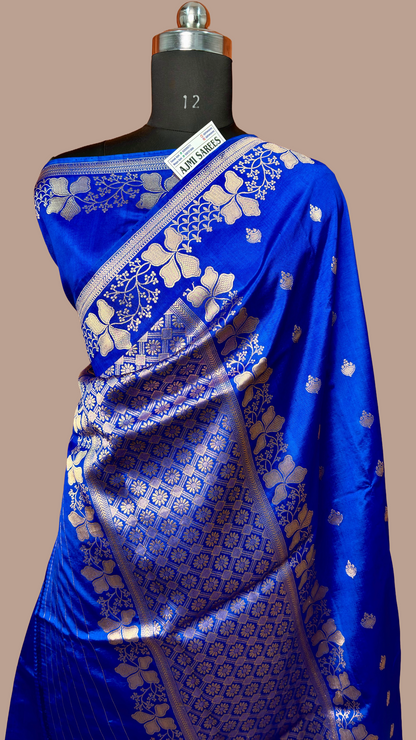 Authentic Banarasi mango silk saree royal blue handloom weaving