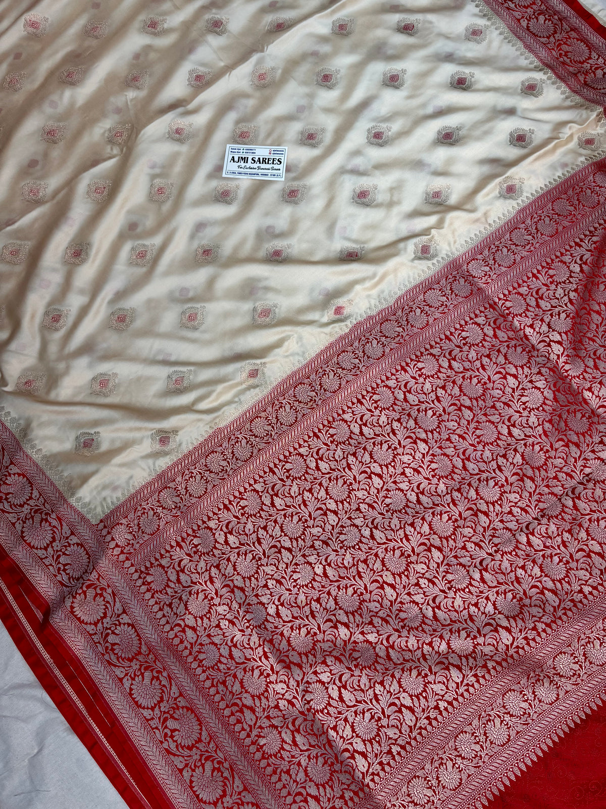 Luxury Premium Ivory Mashru Katan Silk Banarasi Saree with Contrast Red Border & Meenakari Motifs Banarasi Saree