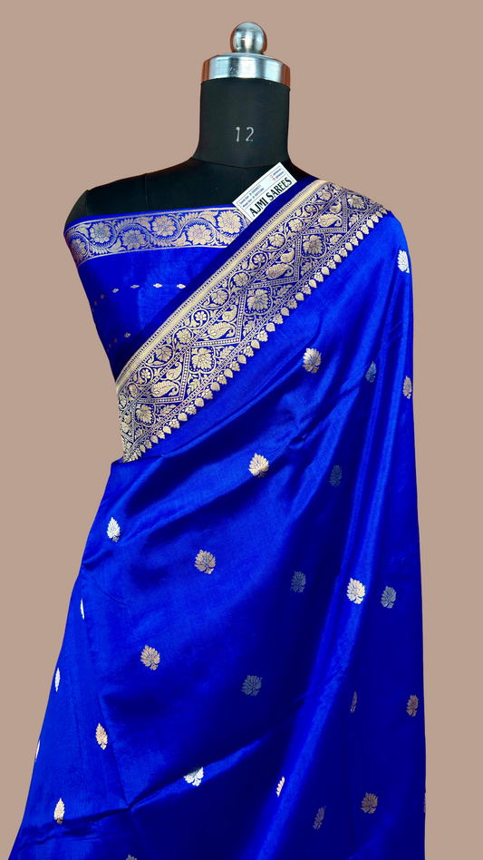 100% Pure Raw Mango Silk Handloom Banarasi Saree – Royal Blue | Sona Rupa Kadwa Banarasi Saree