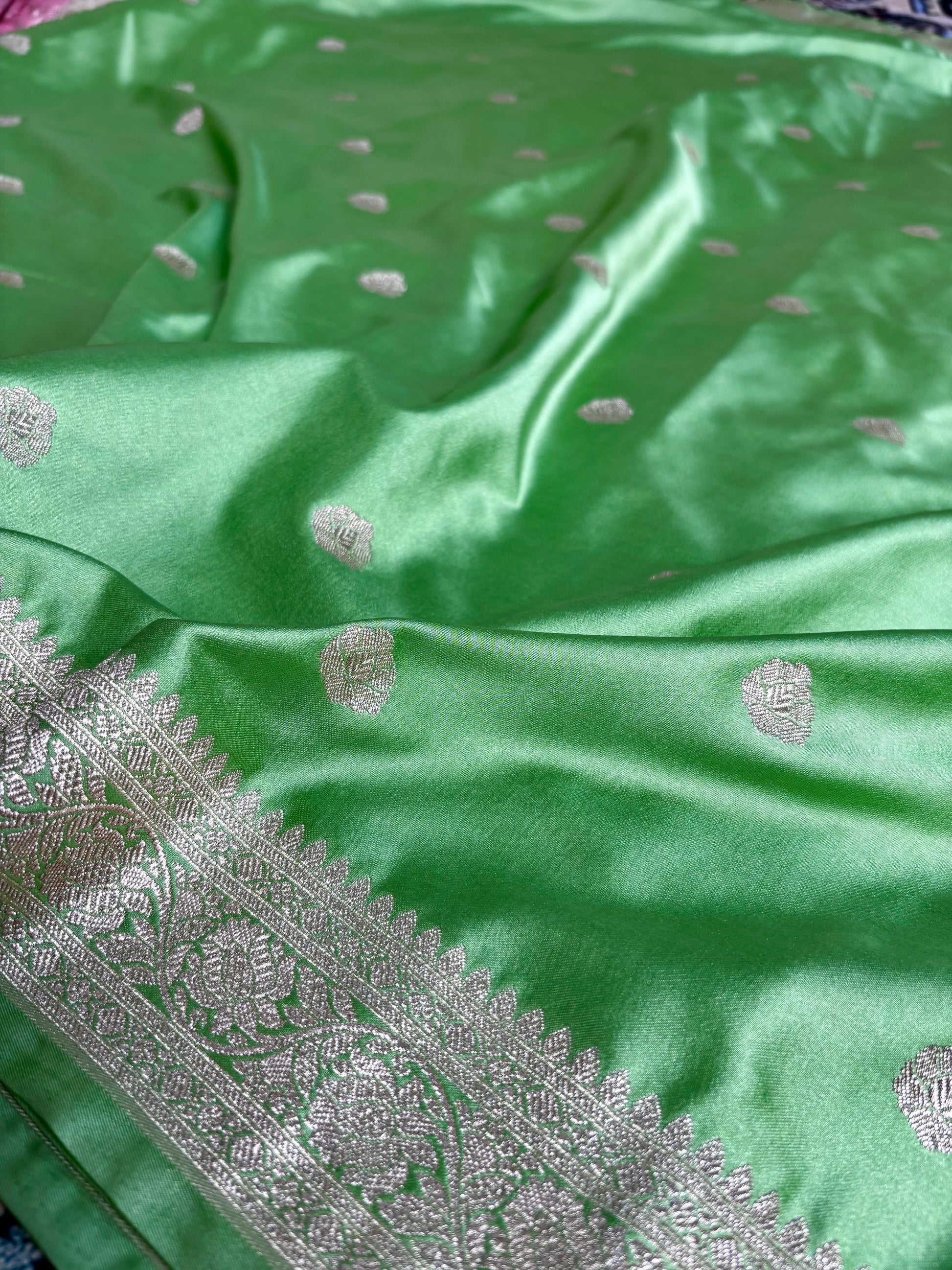 Mashru katan silk banarasi saree pistachio green zari boota design