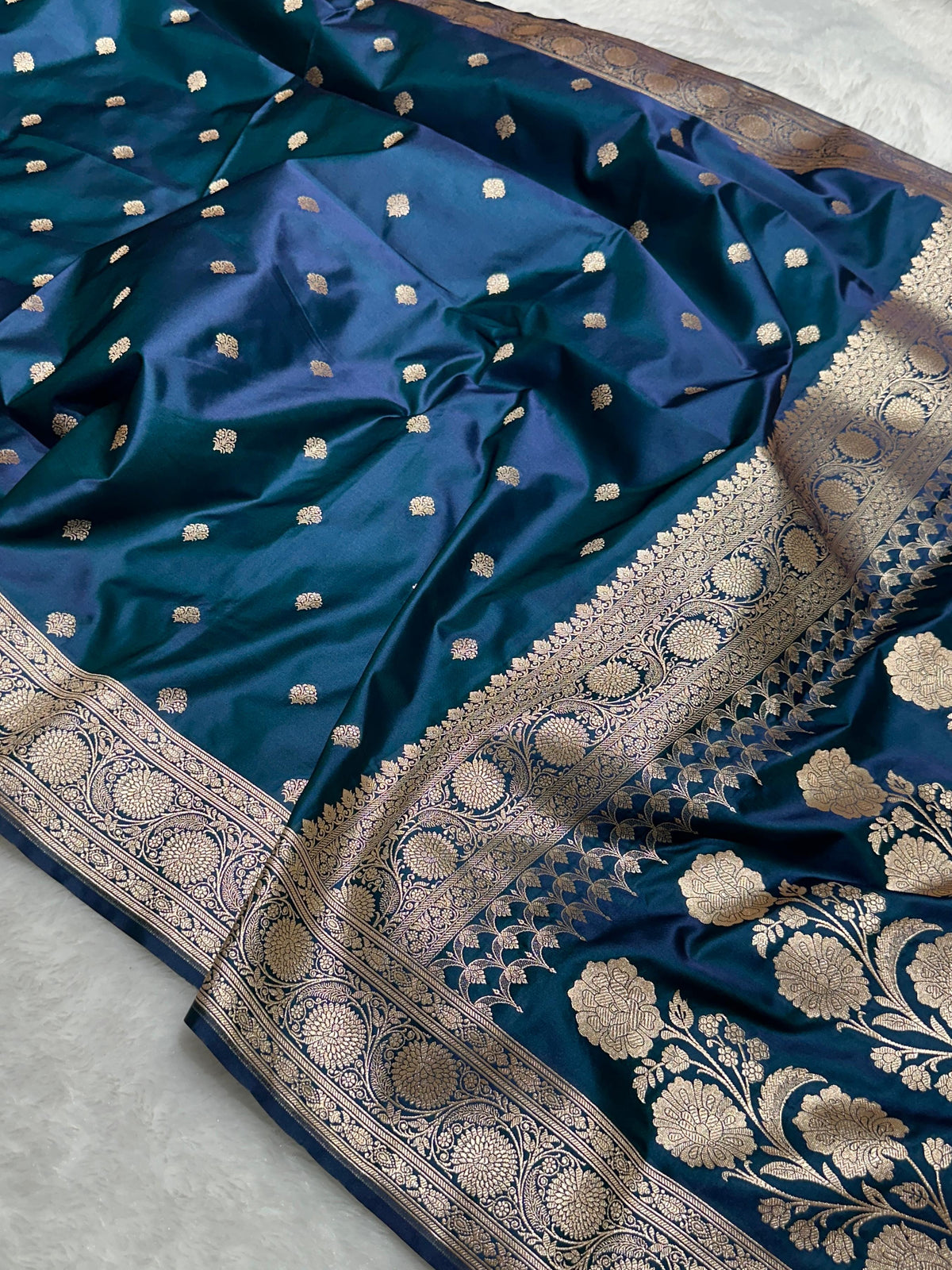 Premium Red Mashru Katan Silk Banarasi Saree with Golden Zari Floral Border & Buti Motifs German Blue Banarasi Saree